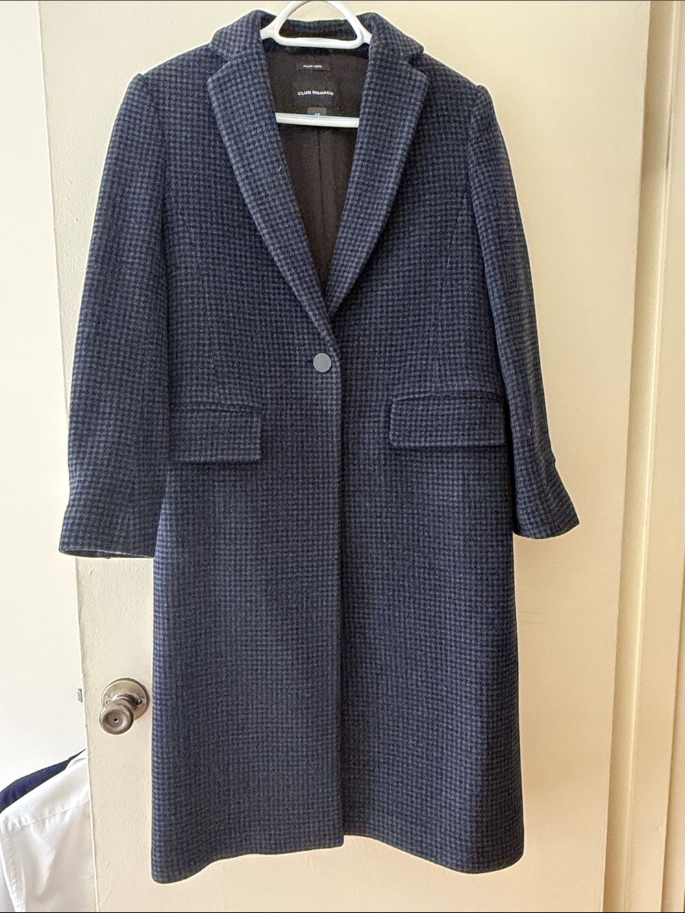 Club Monaco Navy Houndstooth Single-Button Wool Trench Coat